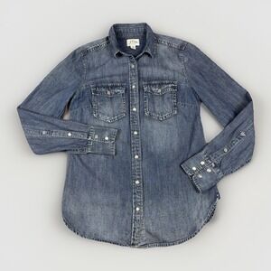 J. Crew Denim Western Shirt Womens 00 Blue Snap Front Long Sleeve Cotton Top